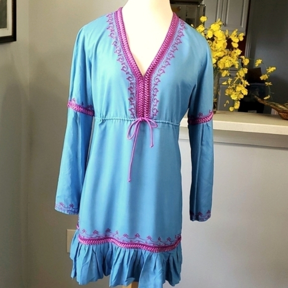 Mods international Bohemian, style dress, medium blue with purple enbroidery. M - Picture 1 of 12